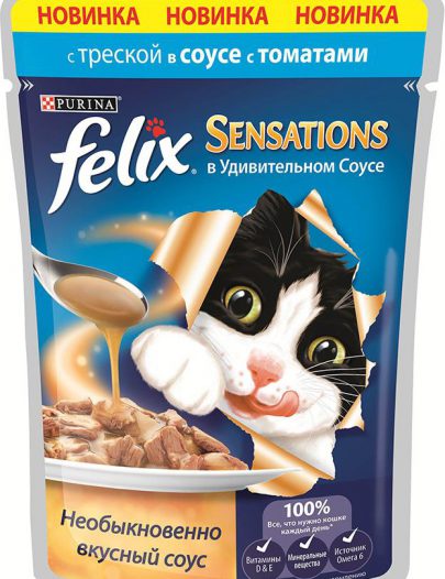 Корм Felix Sensations для кошек треска в соусе с томатами