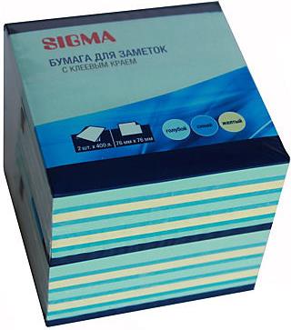 Бумажный блок Sigma с липким краем 76Х76 400 листов 2 шт 3 цвета (синий